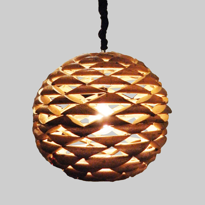 Brown Asian Wooden Pendant Light With Spherical Design And 1 Bulb 12/14 Width