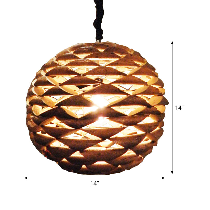 Brown Asian Wooden Pendant Light With Spherical Design And 1 Bulb 12/14 Width