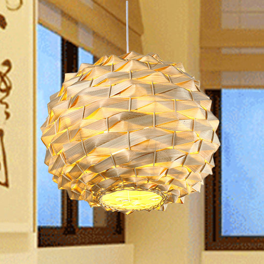 Chinese Bamboo Round Ceiling Lamp - 11/15 Wide 1 Bulb Beige Suspended Light Fixture / 11