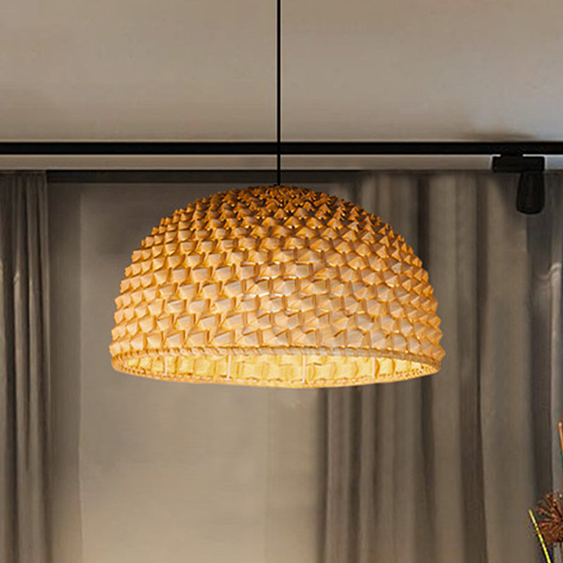 Beige Bowl Ceiling Lamp - Asian Bamboo Hanging Light Fixture For Dining Room