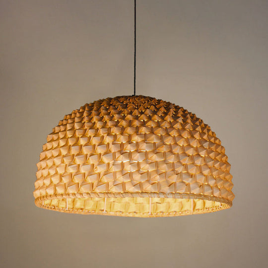 Beige Bowl Ceiling Lamp - Asian Bamboo Hanging Light Fixture For Dining Room