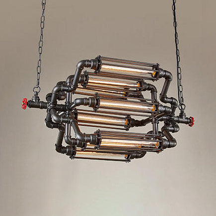 Rustic Style Chandelier Lighting with Adjustable Chain - 4/8 Heads, Wire Pipe Shade, Iron Ceiling Light Fixture - Black