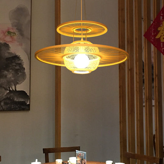 Asian Beige Bamboo Pendant Light: 1-Head Restaurant Hanging Lamp With Round Shade