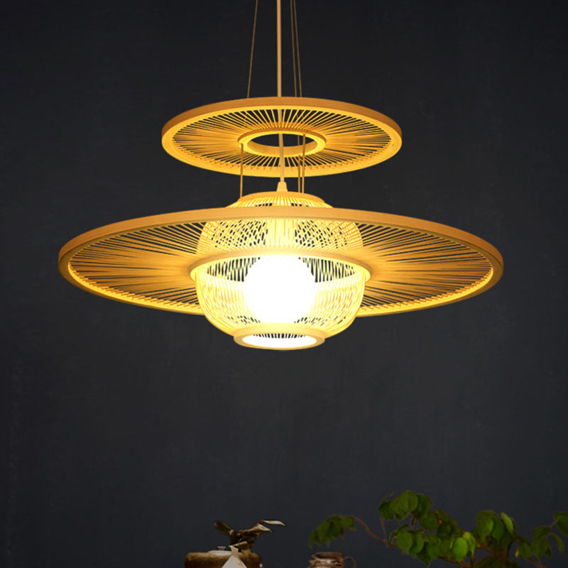 Asian Beige Bamboo Pendant Light: 1-Head Restaurant Hanging Lamp With Round Shade