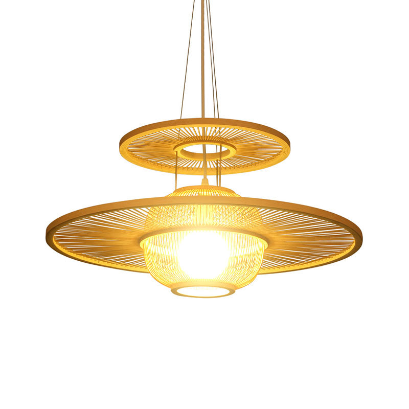 Asian Beige Bamboo Pendant Light: 1-Head Restaurant Hanging Lamp With Round Shade