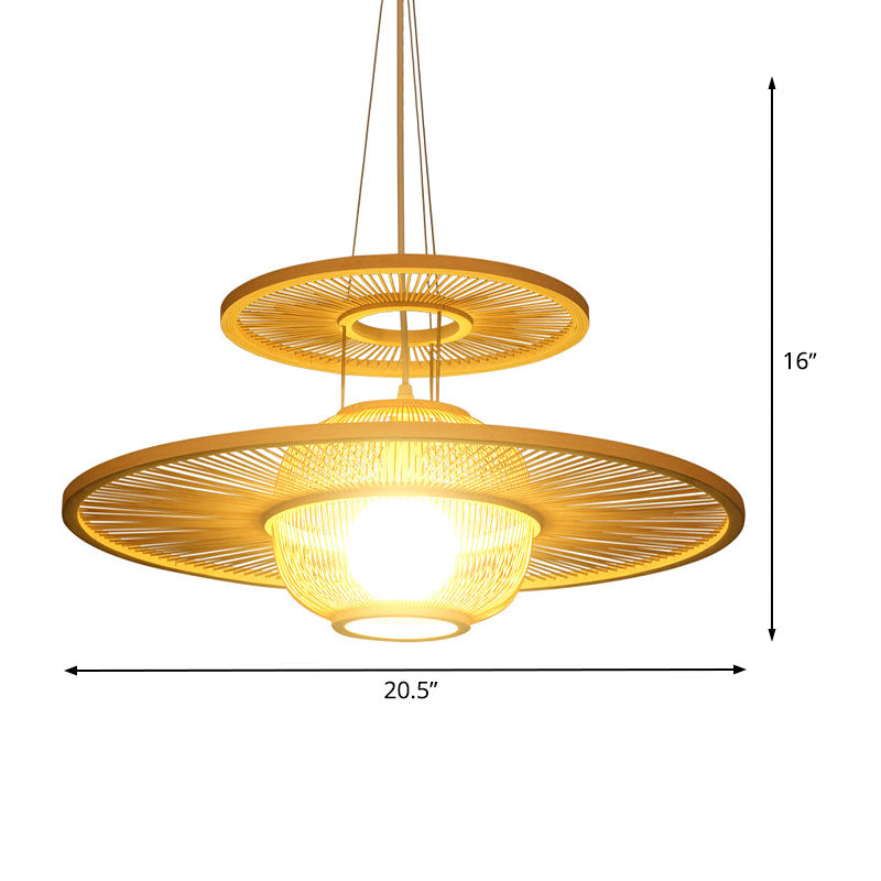 Asian Beige Bamboo Pendant Light: 1-Head Restaurant Hanging Lamp With Round Shade