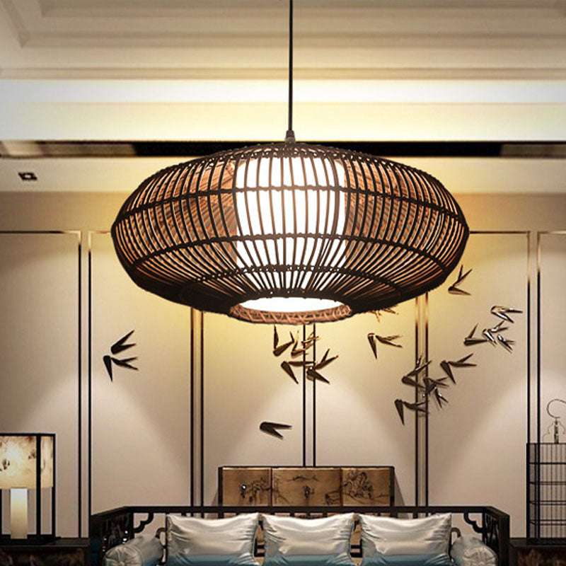 Asia Bamboo Lantern Pendant Lamp With White Acrylic Shade - Coffee Ceiling Hanging Light