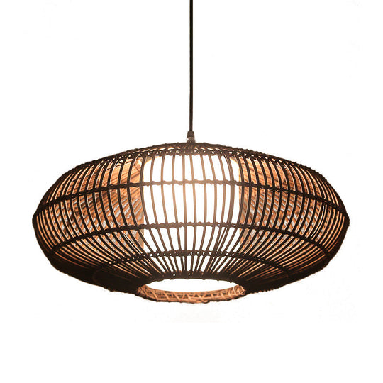 Asia Bamboo Lantern Pendant Lamp With White Acrylic Shade - Coffee Ceiling Hanging Light