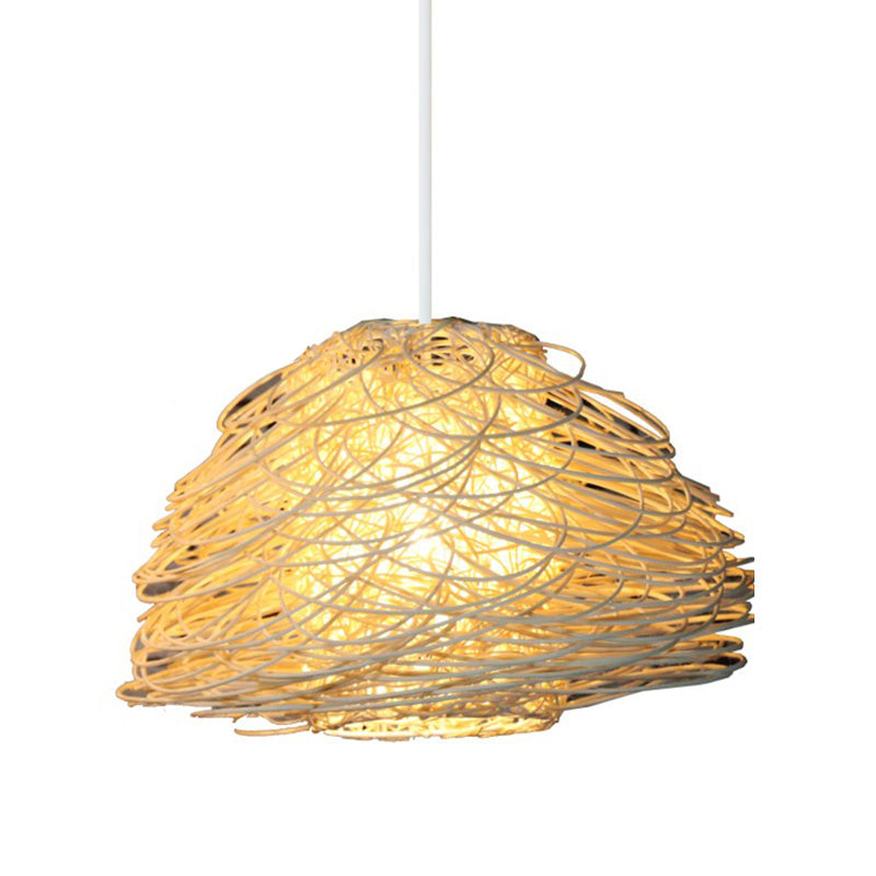 Asian White Pendant Light Fixture With Rattan Shade - Tearoom Hanging Lamp