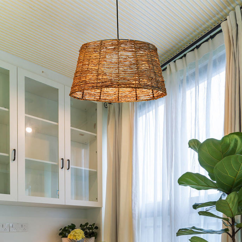 Flare Pendant Light - Asian Rattan 1-Head Brown Ceiling Lamp With Milk Glass Shade