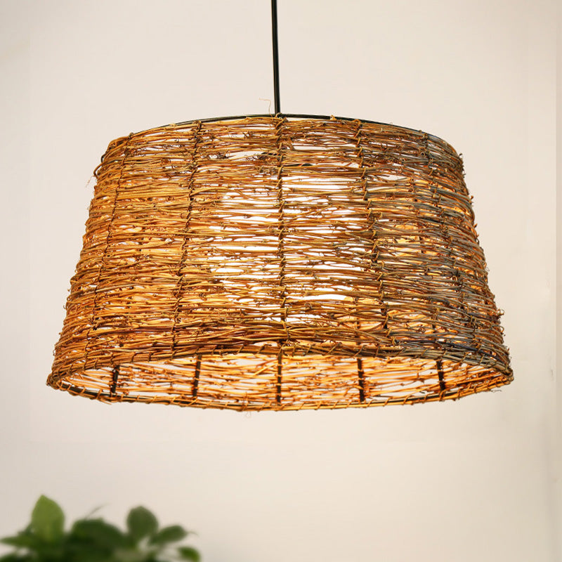 Flare Pendant Light - Asian Rattan 1-Head Brown Ceiling Lamp With Milk Glass Shade