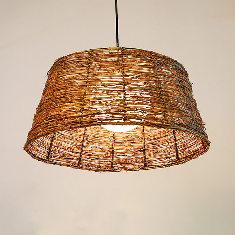 Flare Pendant Light - Asian Rattan 1-Head Brown Ceiling Lamp With Milk Glass Shade