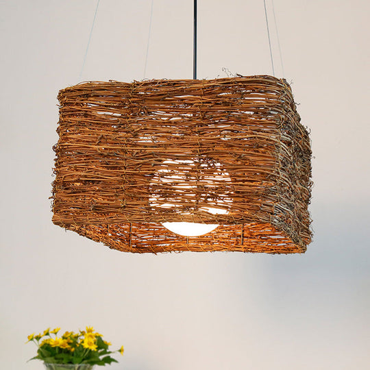 Japanese Rattan Pendant Light In Brown - Modern Rectangular Design