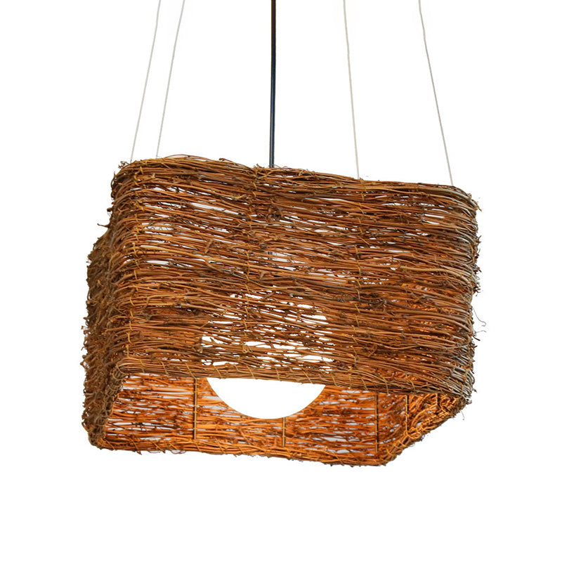 Japanese Rattan Pendant Light In Brown - Modern Rectangular Design