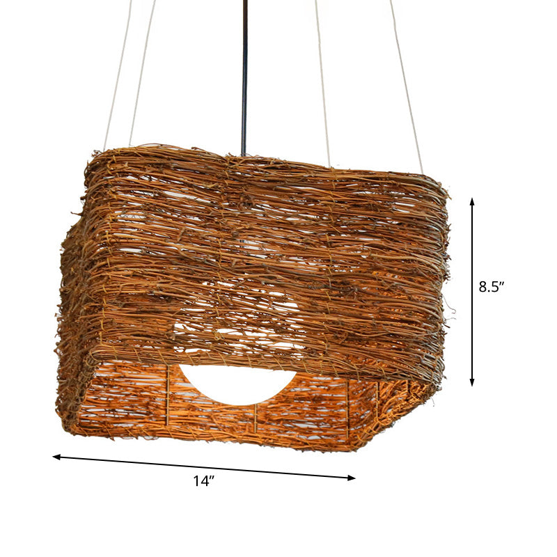 Japanese Rattan Pendant Light In Brown - Modern Rectangular Design