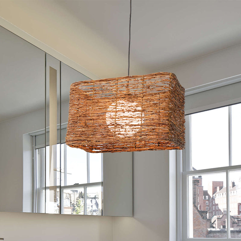 Chinese 1 Bulb Brown Hanging Lamp: Rectangle Pendant Light With Rattan Shade