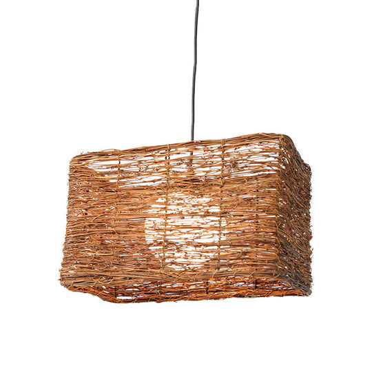 Chinese 1 Bulb Brown Hanging Lamp: Rectangle Pendant Light With Rattan Shade