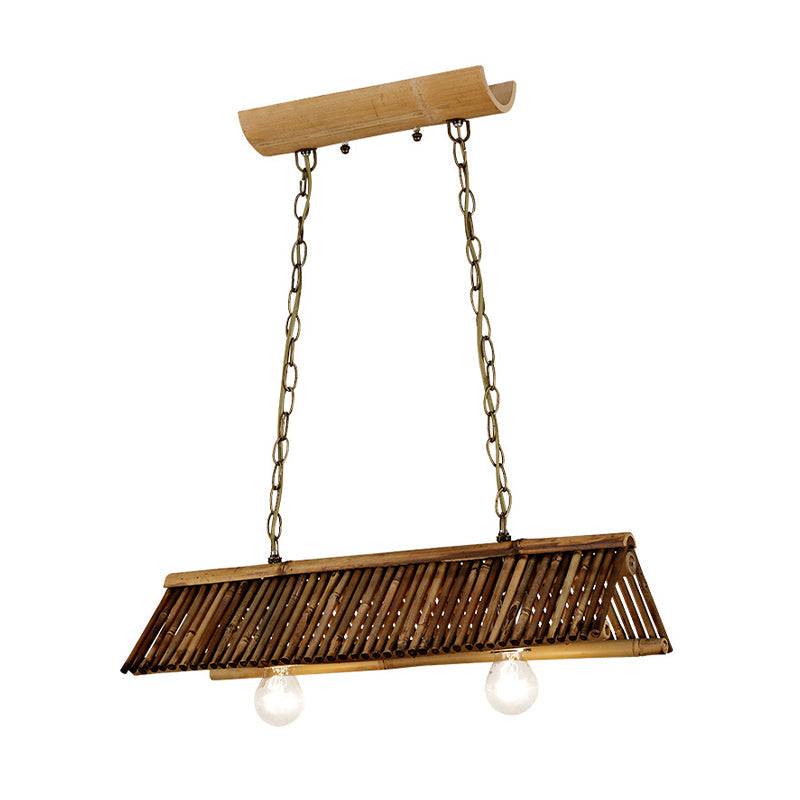 Chinese Bamboo Triangular Island Light - Brown Pendant Lighting Fixture With 2 Heads For Tearoom