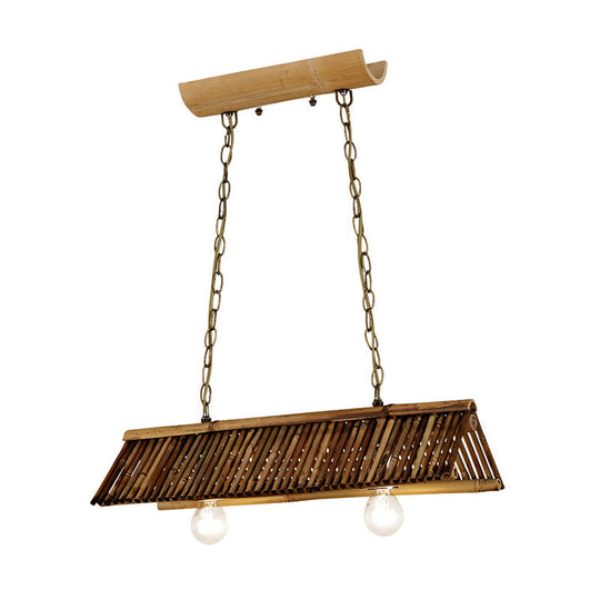 Chinese Bamboo Triangular Island Light - Brown Pendant Lighting Fixture With 2 Heads For Tearoom