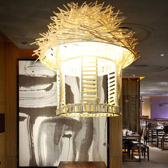 Handcrafted Japanese Bamboo Pendant Lamp In White - 1 Bulb Ceiling Suspension Lighting