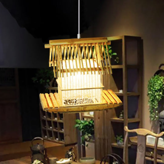 Beige Bamboo Boat Pendant Light Fixture - Asian 1-Head Hanging Lamp