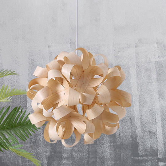 Japanese Wood Floral Pendant Light - Beige Suspended Lighting For Dining Room