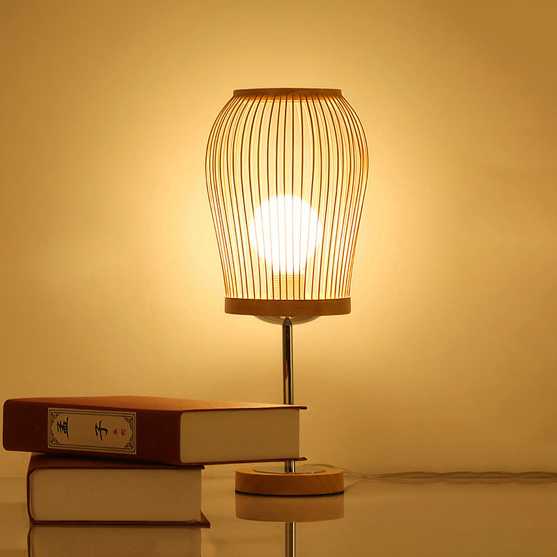 Chinese Bamboo Lantern Task Lighting: Small Beige Desk Lamp For Living Room