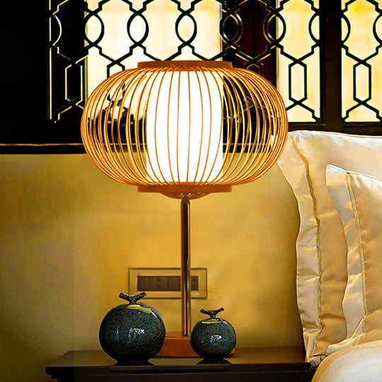 Beige Bamboo Shade Desk Light - 1 Bulb Living Room Task Lighting For An Asian Inspired Ambience