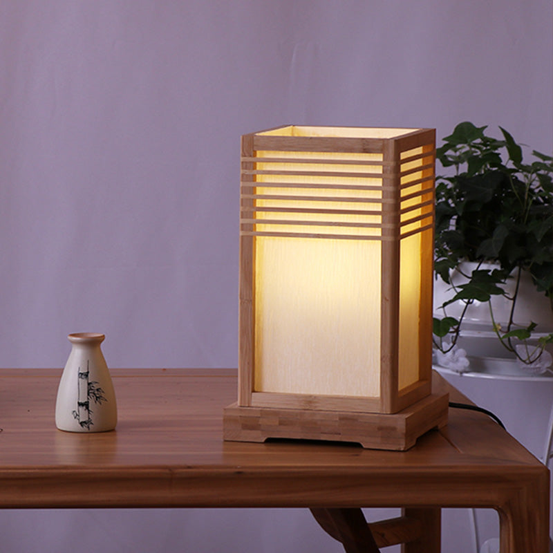 Japanese Wood Shade Desk Lamp With Beige Rectangular Design Small 1-Bulb Task Lighting