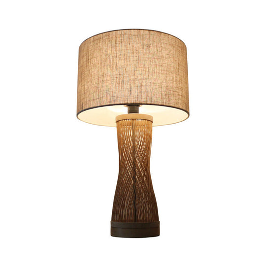 Flaxen Laser Cut Bamboo Desk Lamp With Asian-Inspired Design And Fabric Drum Shade