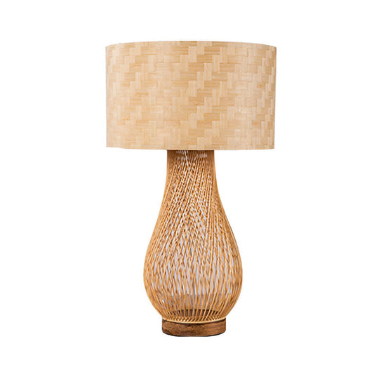 Bamboo Droplet Desk Lamp: Chinese Style Beige Task Lighting With Cylinder Fabric Shade