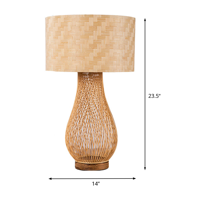 Bamboo Droplet Desk Lamp: Chinese Style Beige Task Lighting With Cylinder Fabric Shade