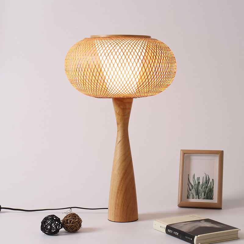 Handcrafted Aian Bamboo Desk Lamp In Beige With Flared Wood Base - Task Lighting