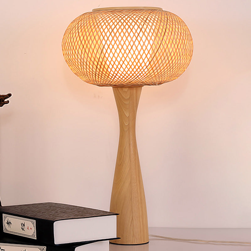 Handcrafted Aian Bamboo Desk Lamp In Beige With Flared Wood Base - Task Lighting