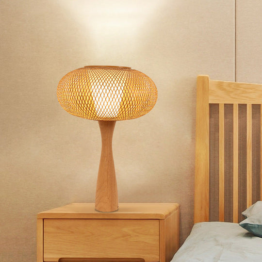 Handcrafted Aian Bamboo Desk Lamp In Beige With Flared Wood Base - Task Lighting