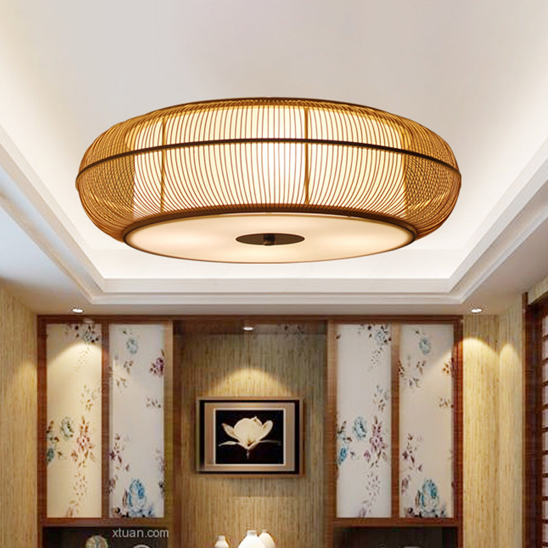 Bamboo Shade Chinese LED Flushmount Ceiling Light in Beige Rounded Drum Design