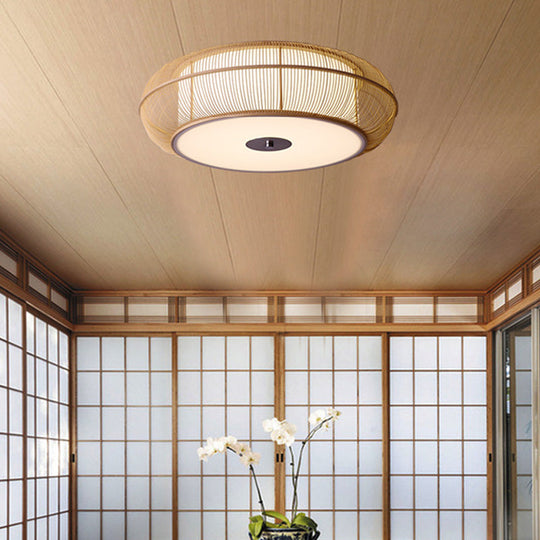 Bamboo Shade Chinese LED Flushmount Ceiling Light in Beige Rounded Drum Design