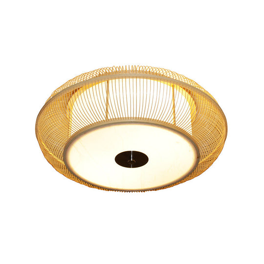 Bamboo Shade Chinese LED Flushmount Ceiling Light in Beige Rounded Drum Design