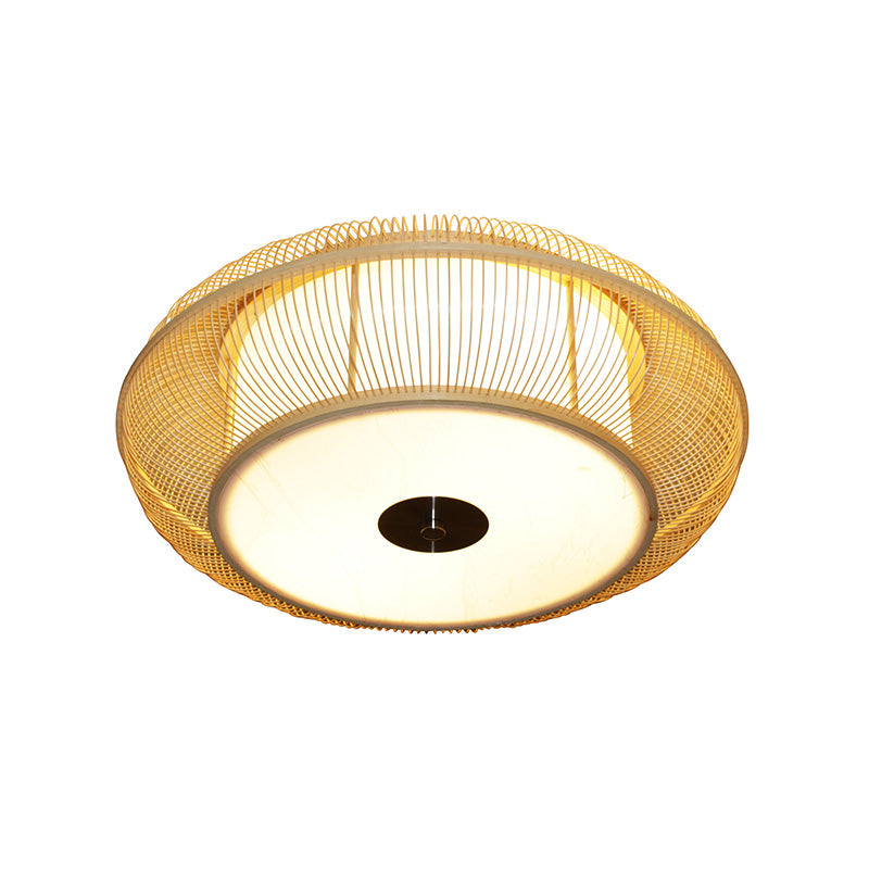 Bamboo Shade Chinese Led Flushmount Ceiling Light In Beige Rounded Drum Design