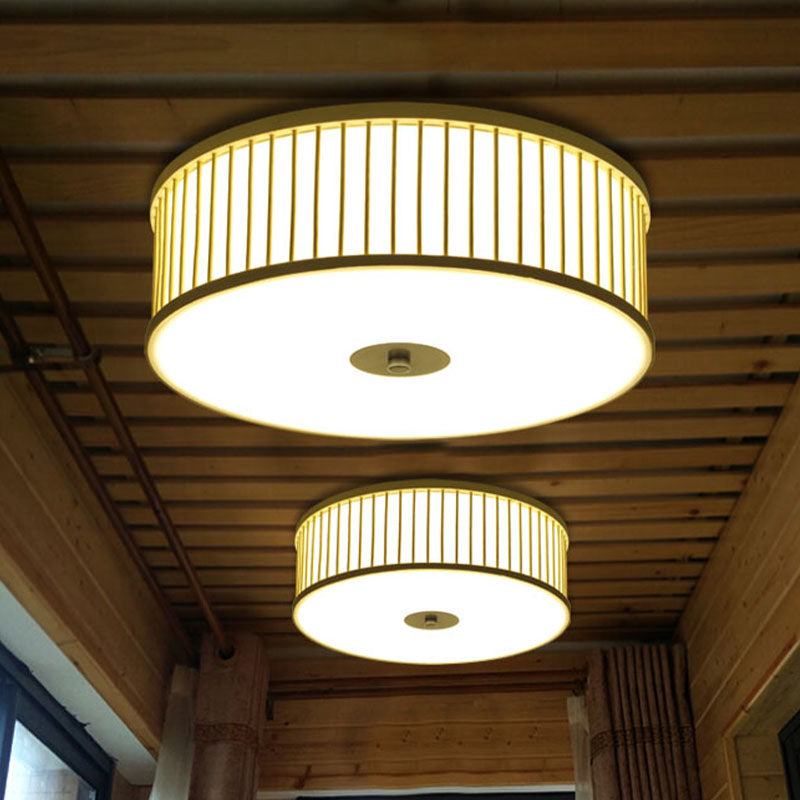 Japanese Bamboo Beige LED Cylinder Flush Mount Ceiling Light for Dining Room