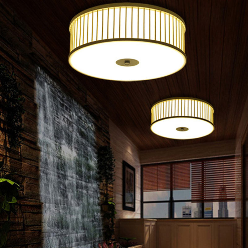 Japanese Bamboo Beige LED Cylinder Flush Mount Ceiling Light for Dining Room