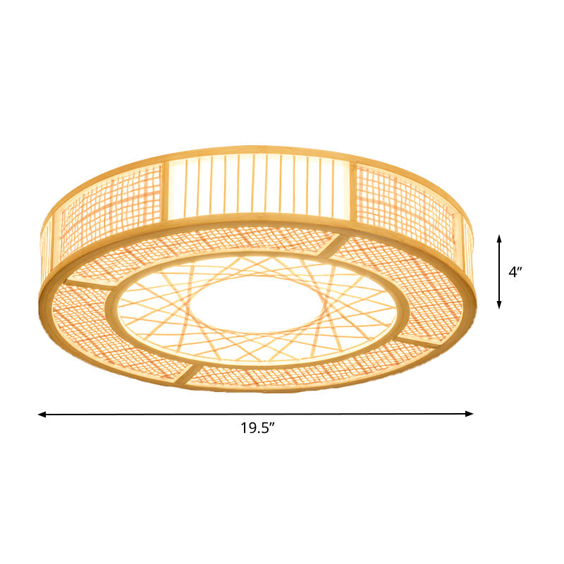 Japanese Bamboo Flushmount Ceiling Light With Handcrafted Wood Finish 3 Bulbs