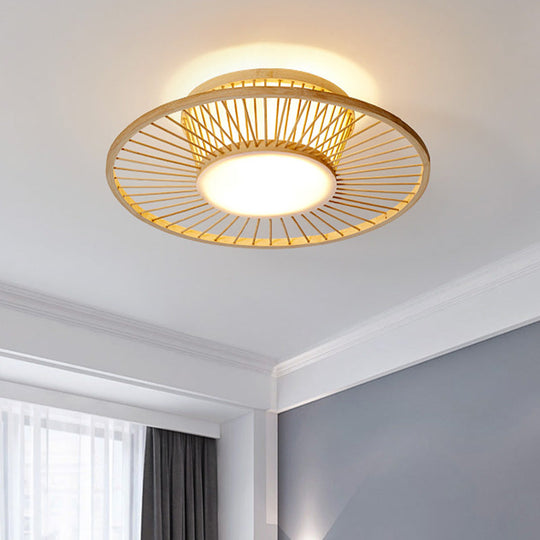 Bamboo Shade Chinese Ceiling Mount Beige Circular Lighting for Close to Ceiling Décor