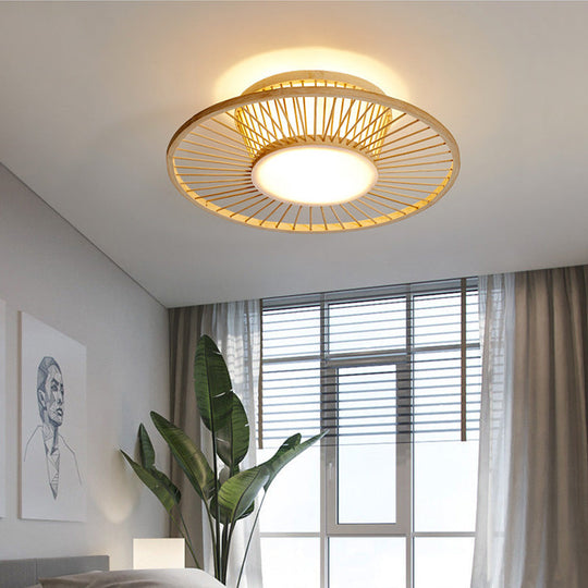 Bamboo Shade Chinese Ceiling Mount Beige Circular Lighting for Close to Ceiling Décor