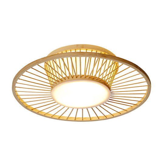 Bamboo Shade Chinese Ceiling Mount Beige Circular Lighting for Close to Ceiling Décor