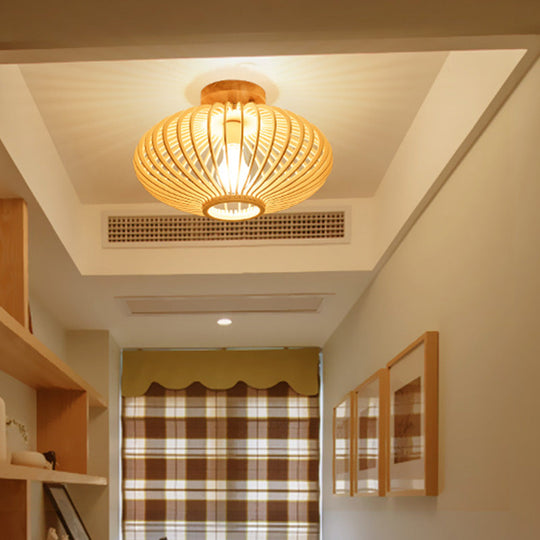 Japanese Wood Laser Cut Semi Flush Mount Ceiling Light in Beige