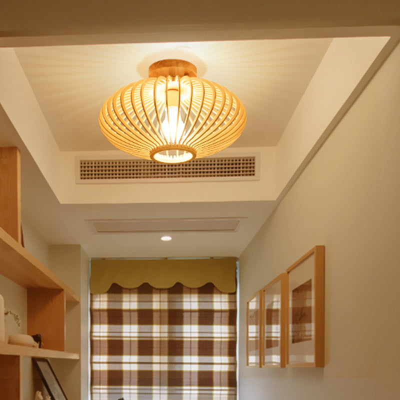 Japanese Wood Laser Cut Semi Flush Mount Ceiling Light In Beige