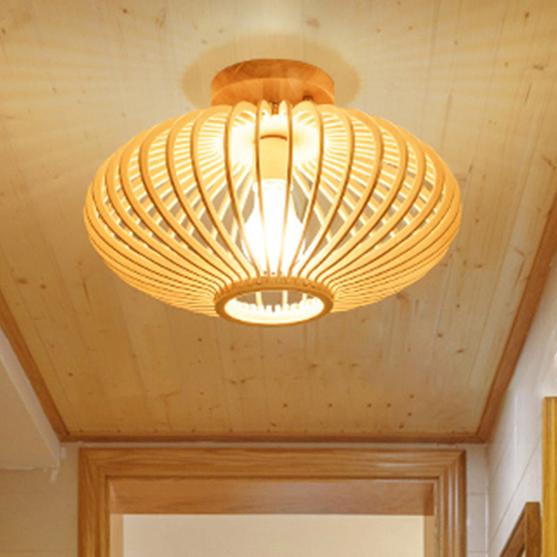 Japanese Wood Laser Cut Semi Flush Mount Ceiling Light in Beige