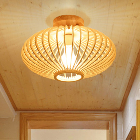 Japanese Wood Laser Cut Semi Flush Mount Ceiling Light in Beige