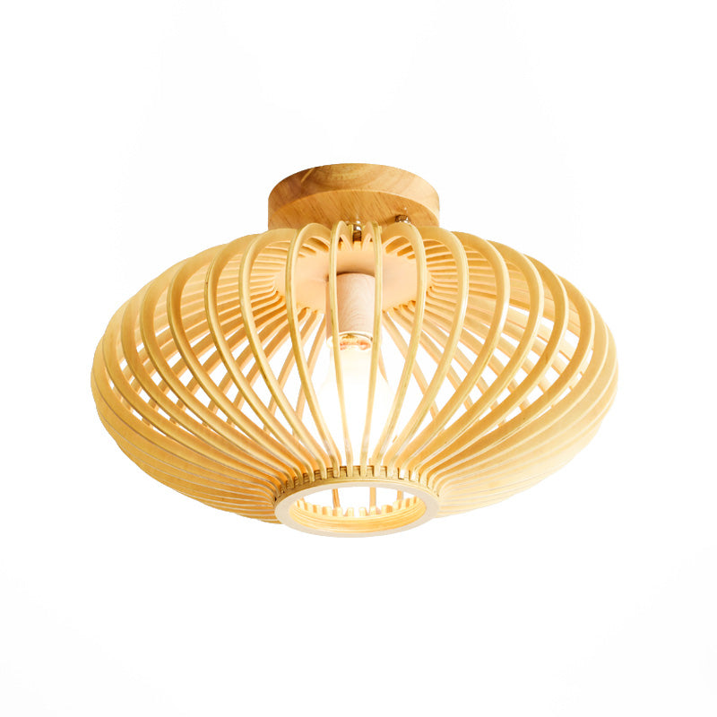 Japanese Wood Laser Cut Semi Flush Mount Ceiling Light in Beige